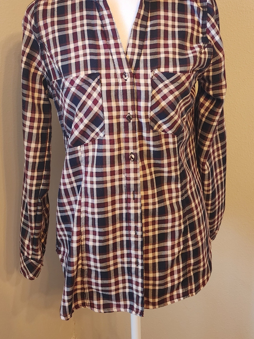 Skies Are Blue Burgundy and Navy Plaid Flannel Button Down Shirt